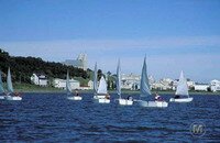 Akureyri on a sunny day. Small boats on the sea